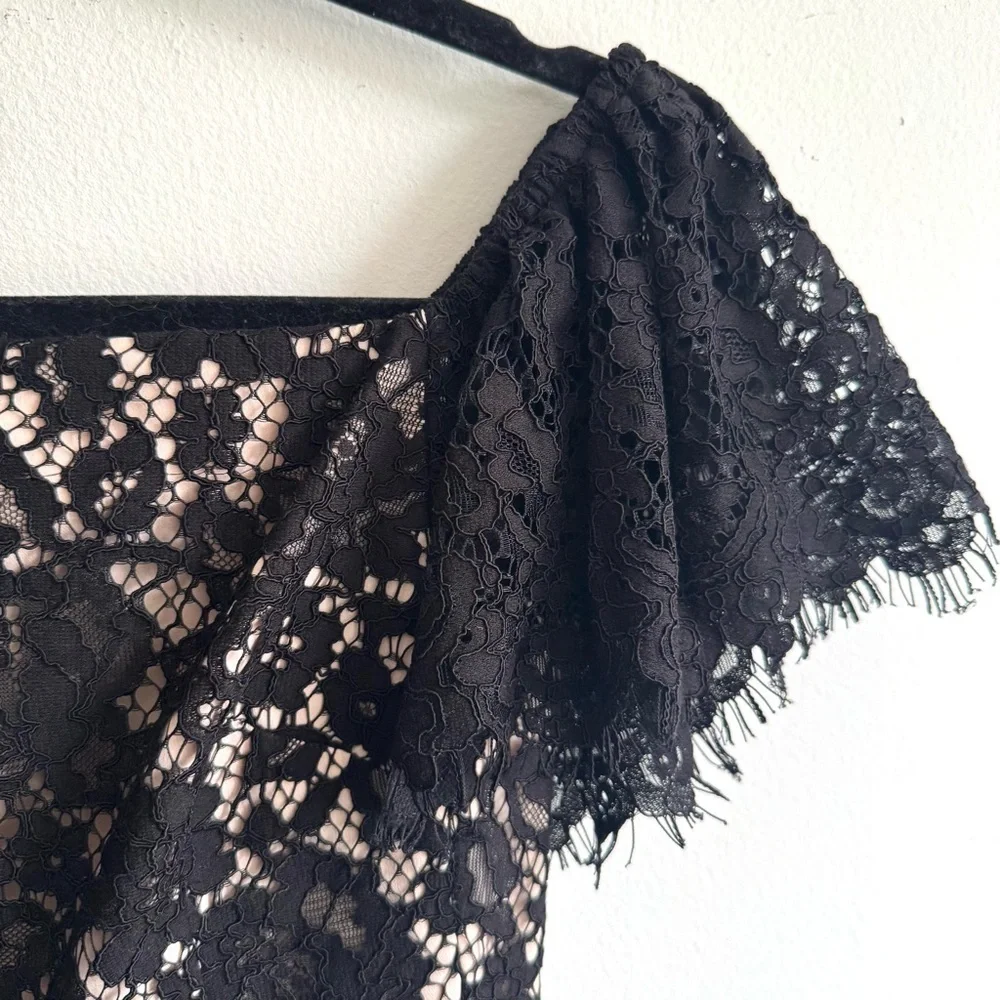 J.Crew Black Lace Fit & Flare Cocktail Dress Flutter Sleeve Size 00